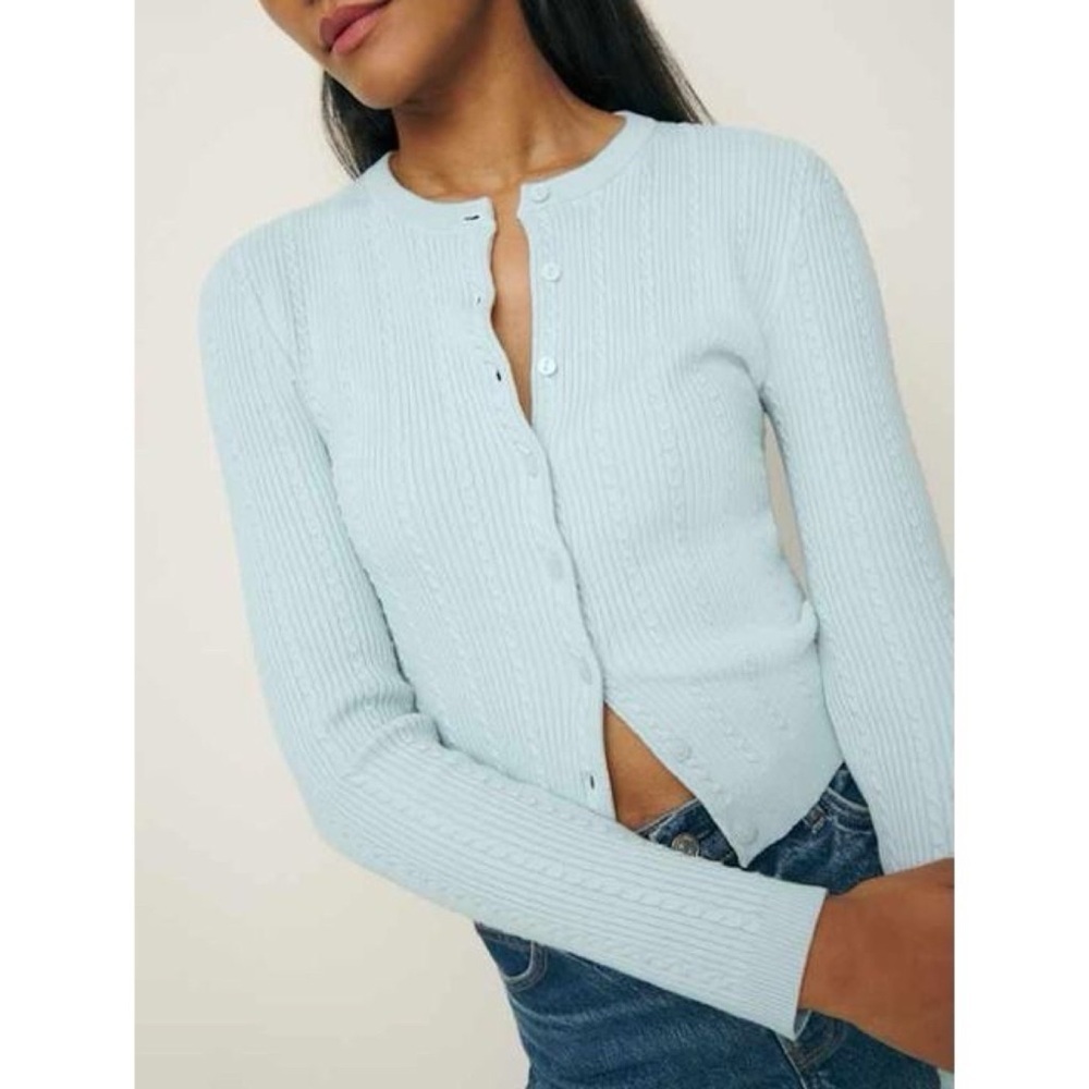 Reformation Natalie Cable Knit Cotton Cardigan Sweater Light Blue XL